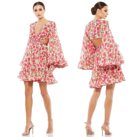 Mac Duggal Floral Printed Short Bell Dress 2 Pink NWT - Picture 1 of 12